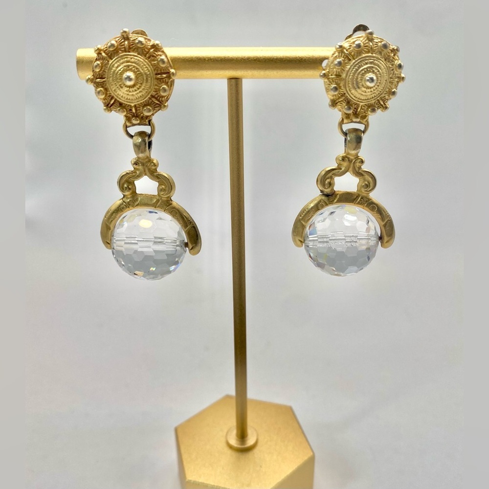 Vintage Donna Karan DKNY Drop Faceted Crystal Ball Art Deco Clip On Earrings - Picture 5 of 8